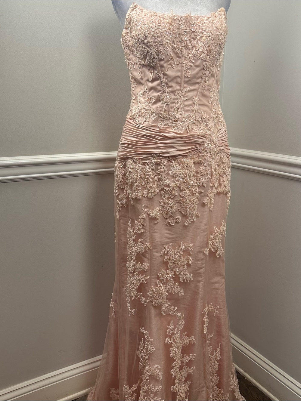 Jovani Strapless Blush Pink Lace Beaded Evening Gown 6